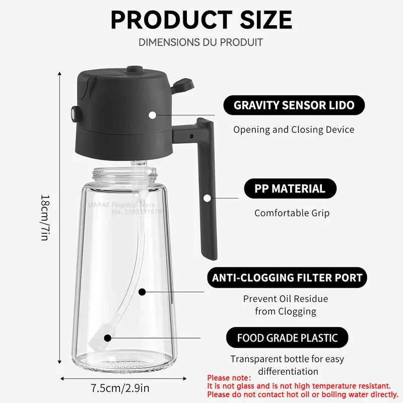 Spray Bottle Product size chart with a clear bottle and black lid, featuring text labels on a white background.
