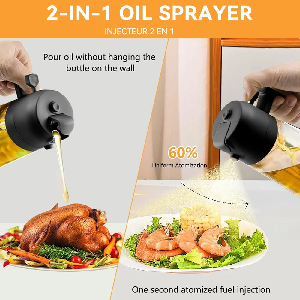 2-in-1 oil sprayer being used to pour oil onto a roasted chicken and a salad.
