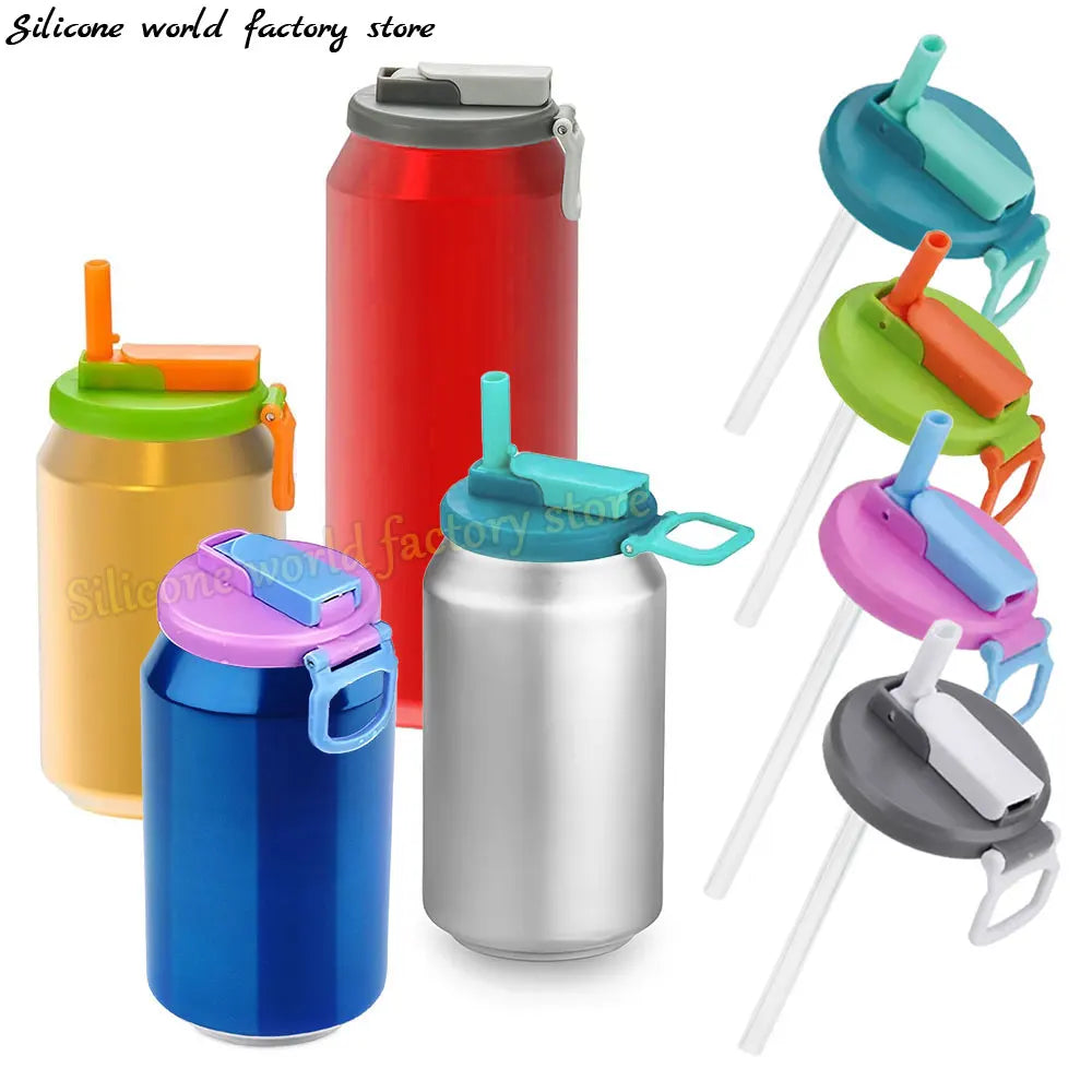 Colorful silicone drink lids and straws on various bottles with 'Silicone World Factory Store' branding.