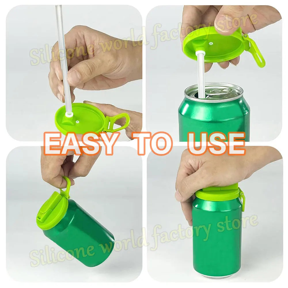 Green can-shaped drink holder with straw attachment being used on a white background.