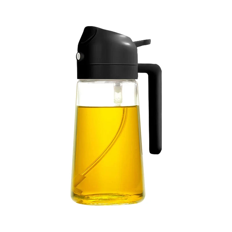 Glass Spray bottle with black lid and handle filled with yellow liquid on a white background
