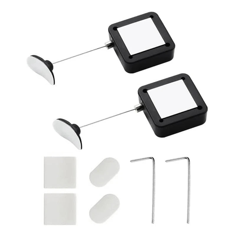 Two black square remote cable lock, three small white square filters, and two metal tools on a white background.