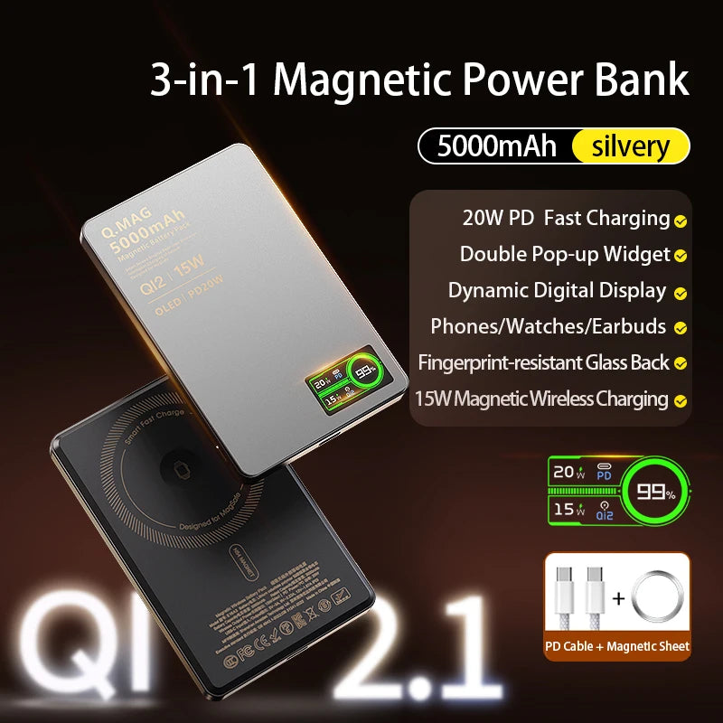 3 In 1 Magnetic Power Bank battery QI 15W Wireless Fast Charing With Intelligent  LCD Screen for iPhone 12-17 Pro Watch Airpods