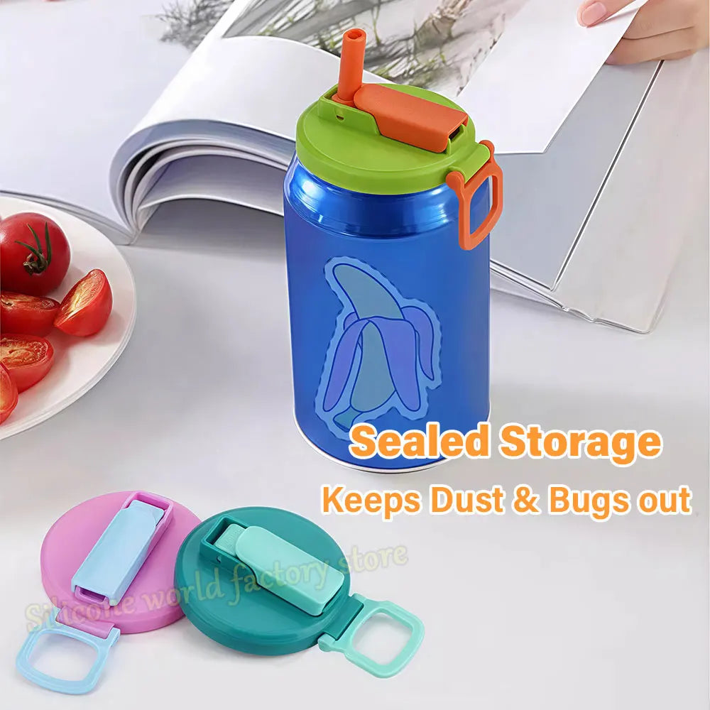 Colorful sealed storage containers with lids on a table with tomatoes and a magazine.