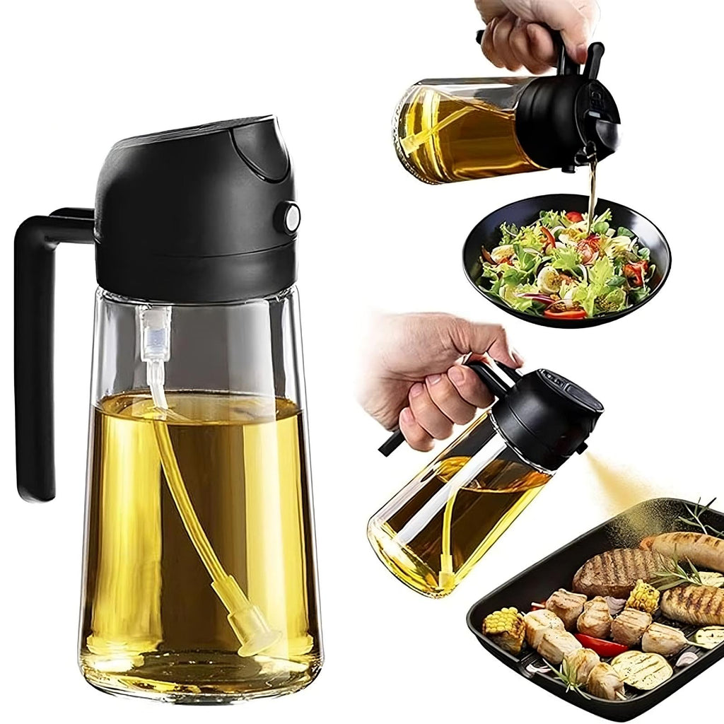 Glass oil dispenser with black cap being used to drizzle oil over a salad and roasted vegetables.