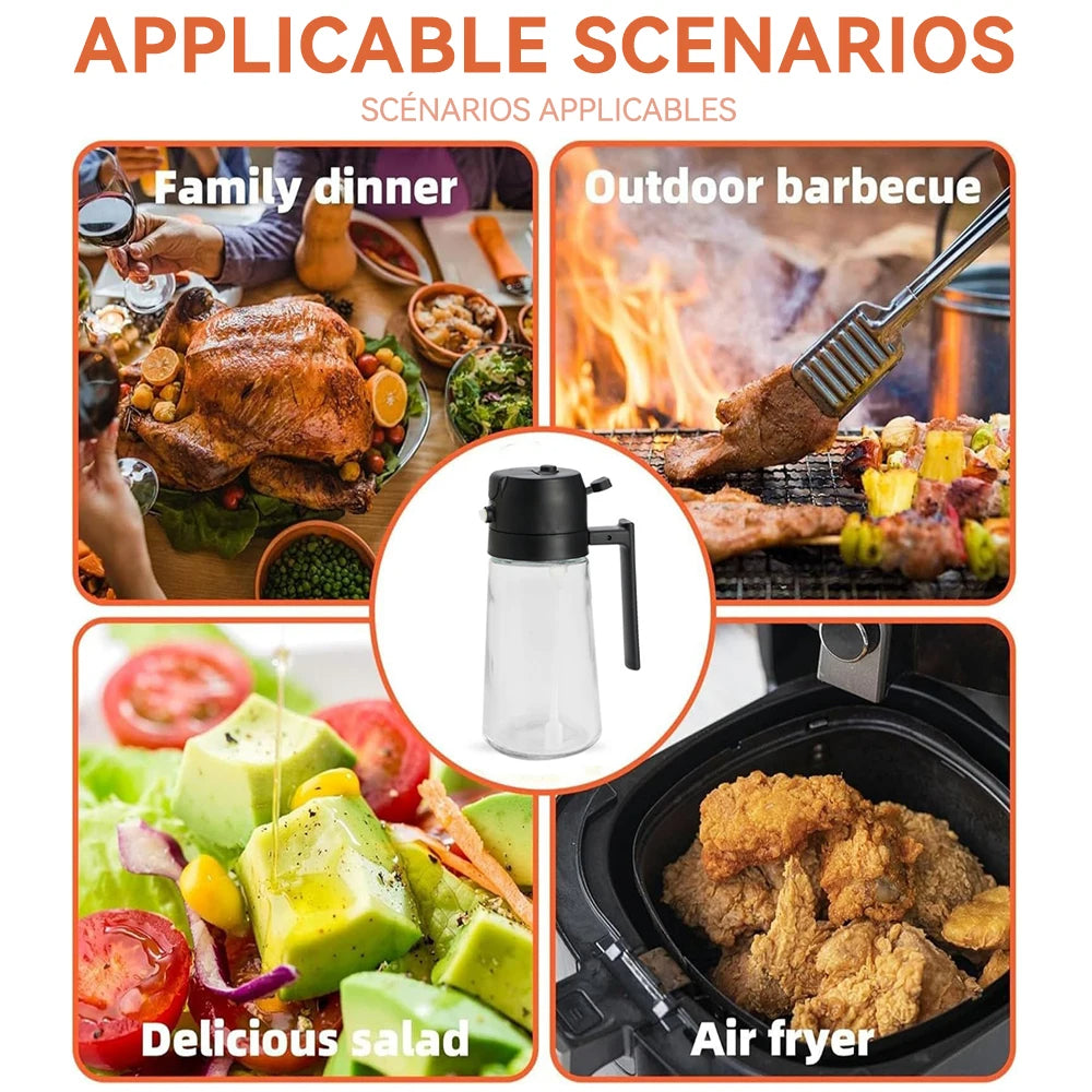Collage of scenarios for purpose of Spray Bottle including family dinner, outdoor barbecue, salad, and air fryer with a bottle of dressing.