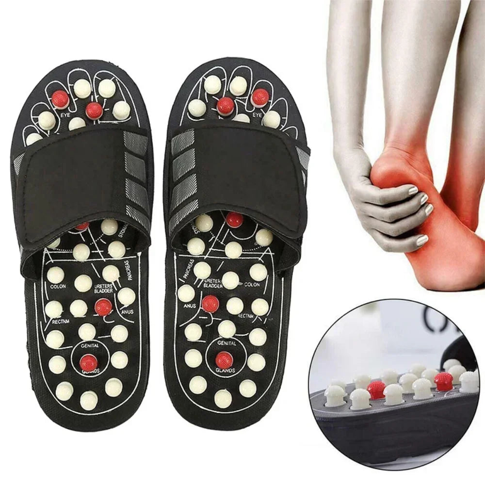 Waterproof Acupressure sandals with labels and a close-up of a foot being massaged.