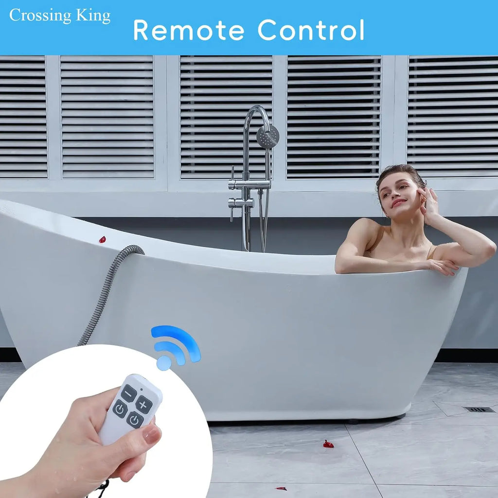 Person in a bathtub with a remote control, featuring 'Crossing King' branding.