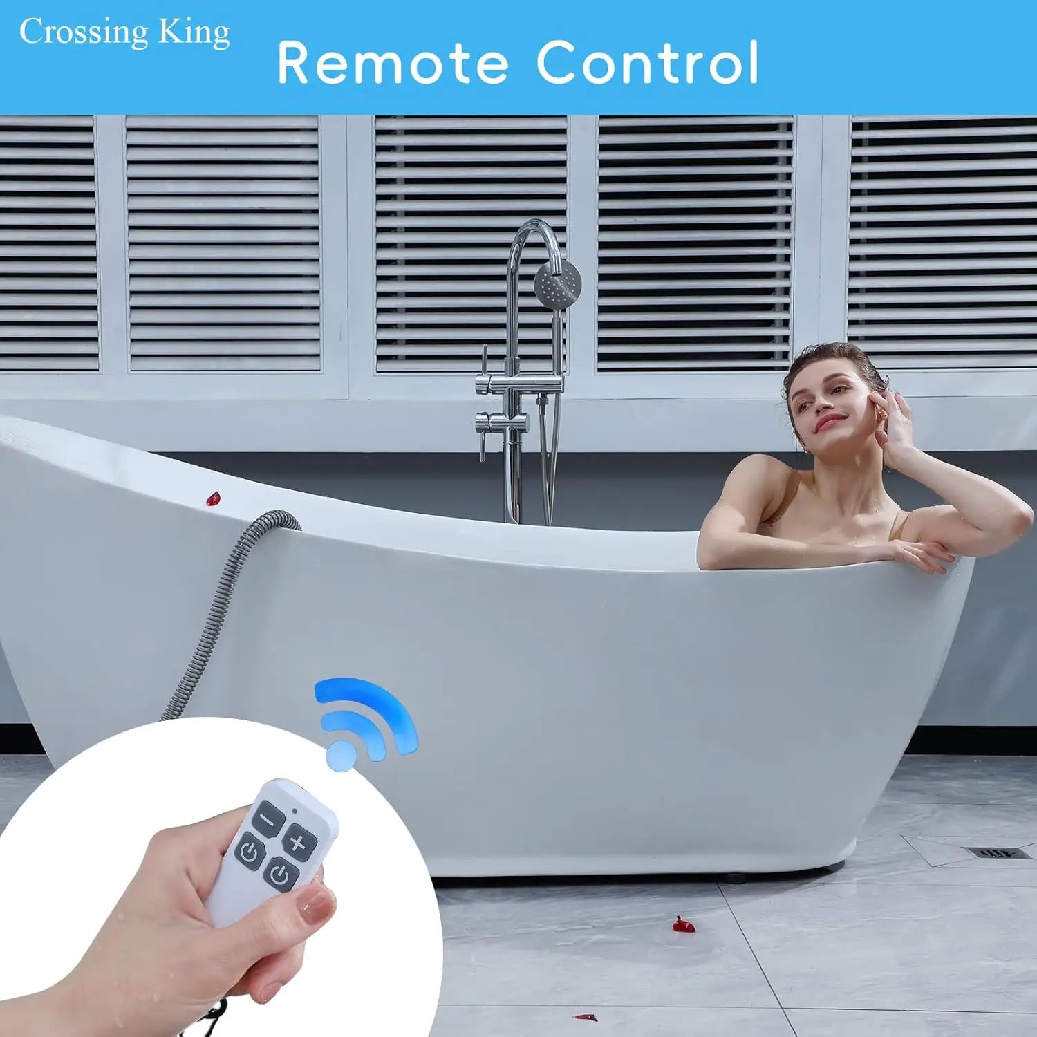 Person in a bathtub with a remote control, featuring 'Crossing King' branding.